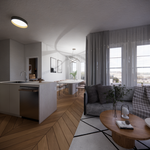 Modern open-concept interior with chevron wood floors, sleek kitchen, cozy gray sofa, and sheer curtains framing large windows.