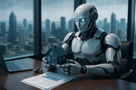 AI Robot holding a model home and analyzing real estate statistics