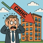 Cartoon of a panicked real estate investor standing in front of an apartment building, reacting to a large red arrow labeled "CMHC" symbolizing rising insurance premiums.
