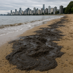 Thick dark sludge covers a Vancouver beach shoreline under cloudy skies, with the city skyline visible in the background and calm waves lapping at the polluted sand.