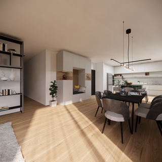Open space concept with light gray living room, dark marble dining table and wooden floor
