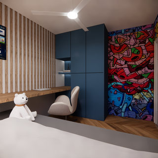 Small bedroom with graffiti wall, a custom closet with a floating desk with wooden wall panels