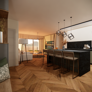 open space concept with dark kitchen island, wooden floor and bright living room