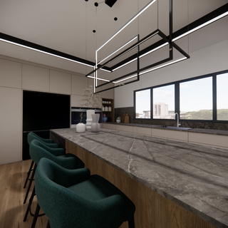 Modern kitchen with a large gray marble island, green upholstered bar stools, minimalist pendant lighting, and sleek cabinetry in neutral tones, featuring a wide window with a city view.