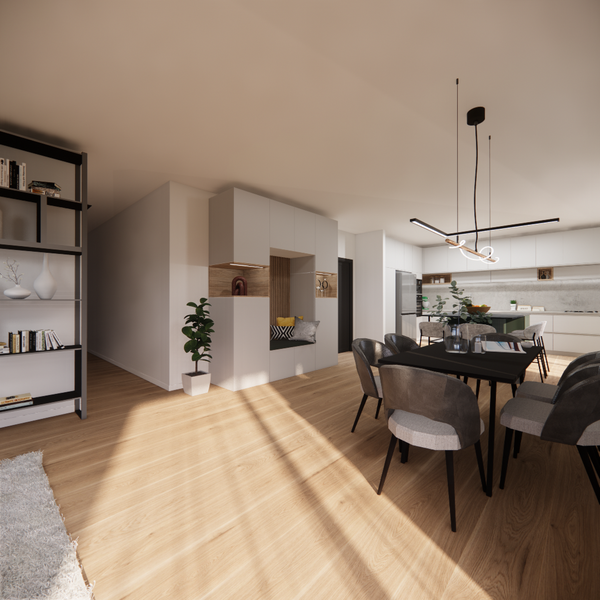 Open space concept with light gray living room, dark marble dining table and wooden floor