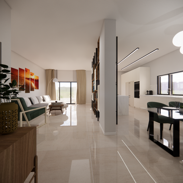 Big open space living room with a kitchen, divided by a custom divider with a space for TV and storage to the kitche
