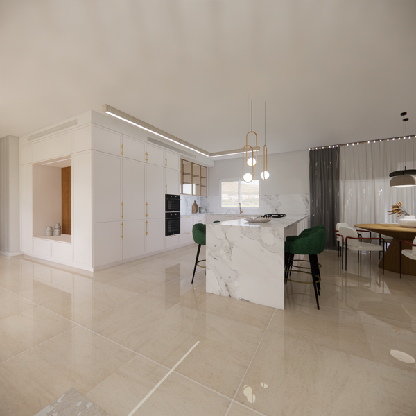 Beautiful white kitchen, with built-in refrigerators, Built-in oven and microwave and a large island with sitting space.