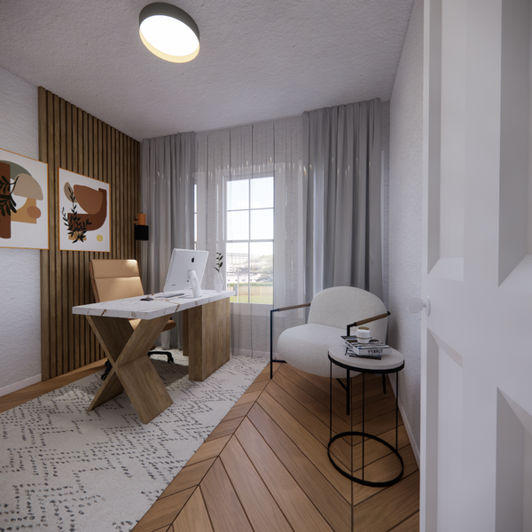 Designed home office with wooden floor, wood and marble table, white armchair and side table. with an accent wall behind the desk.