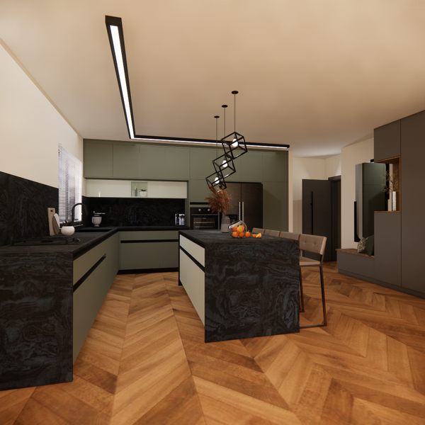 Sage green kitchen with an island and dark gray entry closet