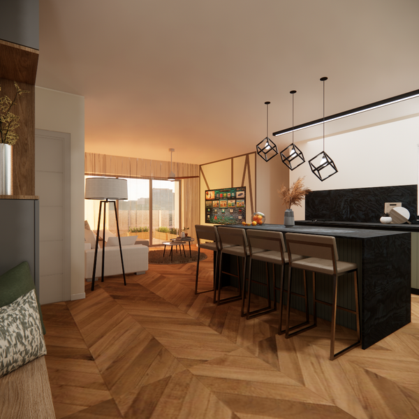 open space concept with dark kitchen island, wooden floor and bright living room