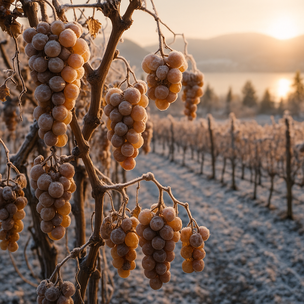 Frost-kissed grapes at dawn in Peachland