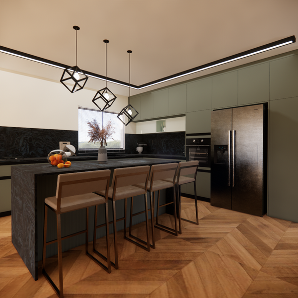 Modern kitchen with green cabinets, black marble island, bar stools, and geometric pendant lights.