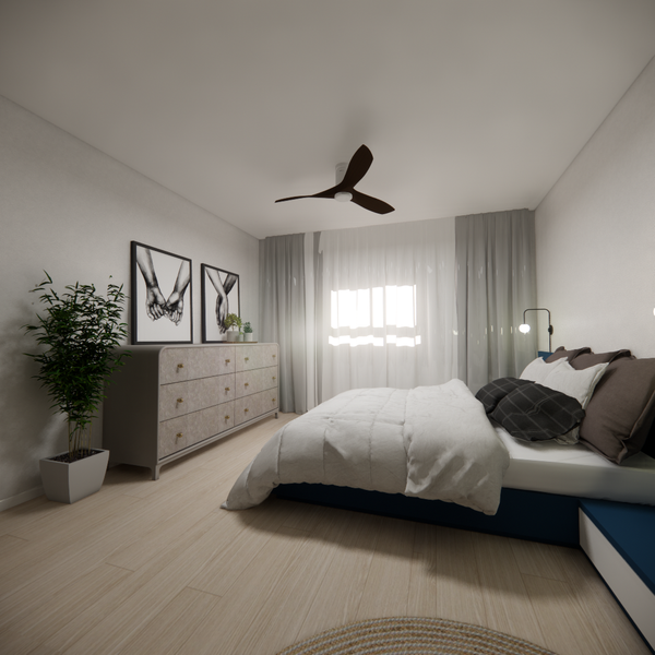 Modern bedroom with a low bed, light wood flooring, sheer curtains, and a ceiling fan. A dresser with art and a potted plant sit against the wall.