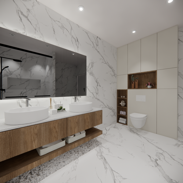 Modern bathroom with marble surfaces, a wooden vanity with double sinks, and built-in storage by a wall-mounted toilet.