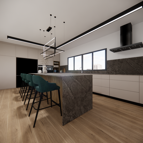 Spacious modern kitchen with a marble waterfall island, green bar stools, sleek cabinetry, and large windows bringing in natural light.