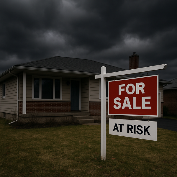 Suburban home with a "For Sale" and "At Risk" sign in front, under dark storm clouds, symbolizing financial distress and potential foreclosure.