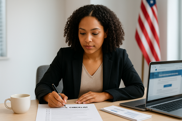 New business owner reviewing a legal startup checklist at a desk with a laptop and registration forms in a modern office.