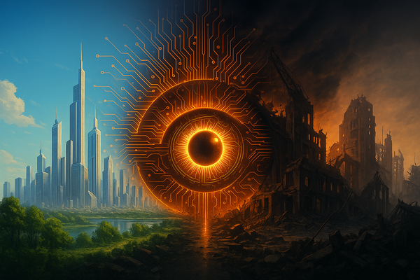 A glowing AI eye dividing a utopian city from ruins.