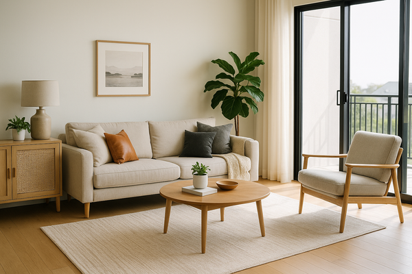 A modern, furnished short-term rental apartment with clean lines and welcoming decor.