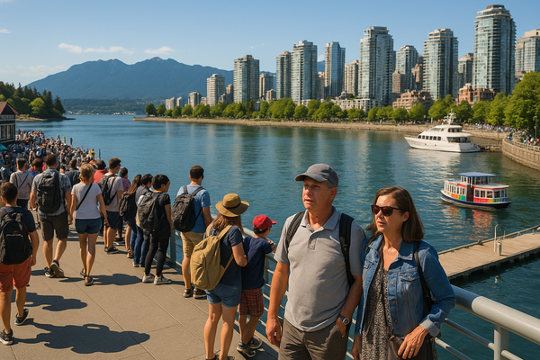 Tourists walking along Vancouver waterfront with city skyline and mountains in the background.