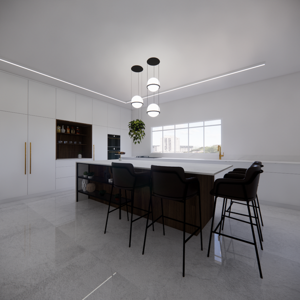 A modern kitchen with a large island, brown bar stools, pendant lights, white cabinetry, and a window bringing in natural light.