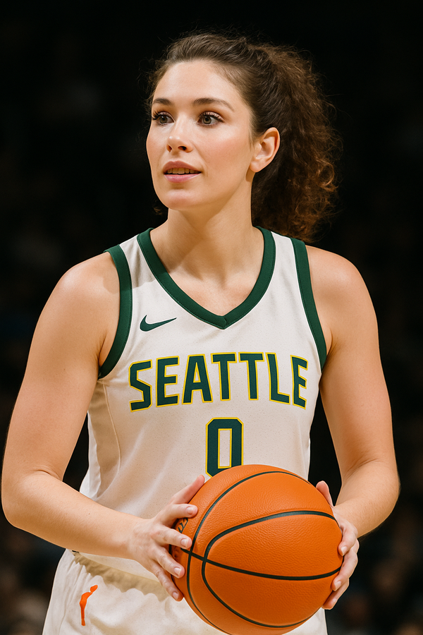Seattle female basketball player holding ball, looking up.