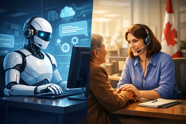 AI robot and human agent assisting a Canadian citizen, automation versus human support.