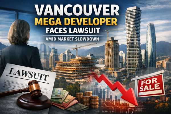 Vancouver high rise towers with gavel and downward arrow showing real estate decline.